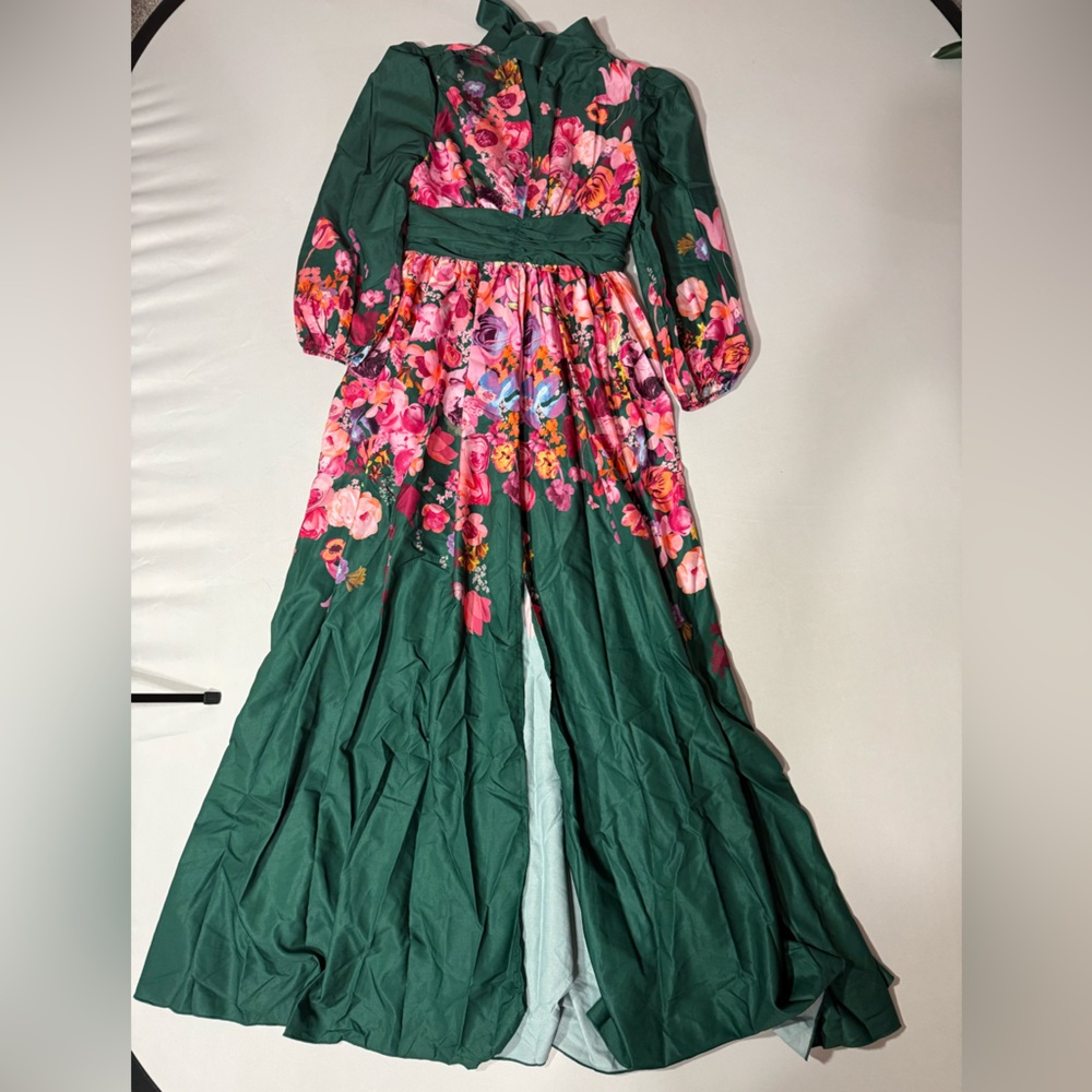 Emerald Green Maxi Dress with Pink Floral Print